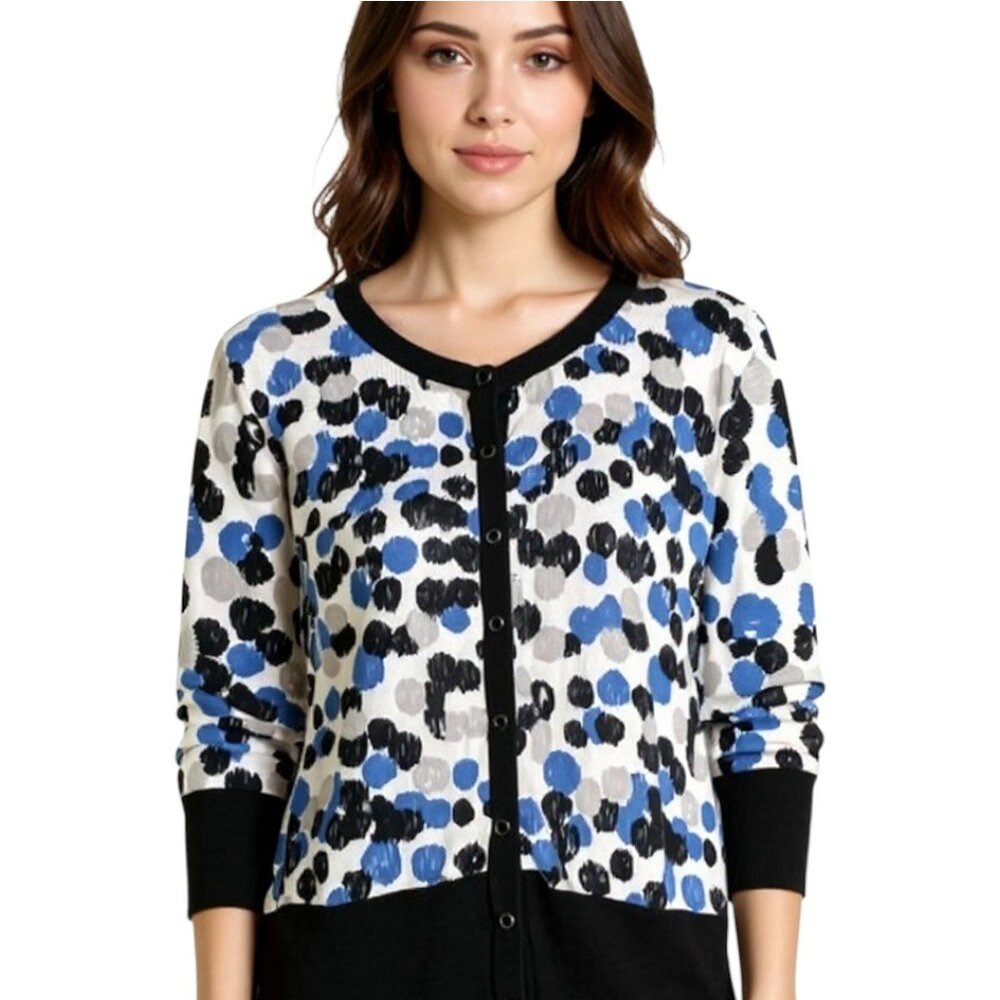 AB Studio Cardigan Women's Size XL Multicolor Polka Dot 3/4 Sleeve Cotton Knit